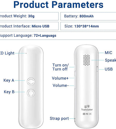Language Translator Device Portable Foreign Language Real-Time 2-Way Translations, Supporting 72+ Languages for Travelling Learning Shopping Business Chat Recording Translations