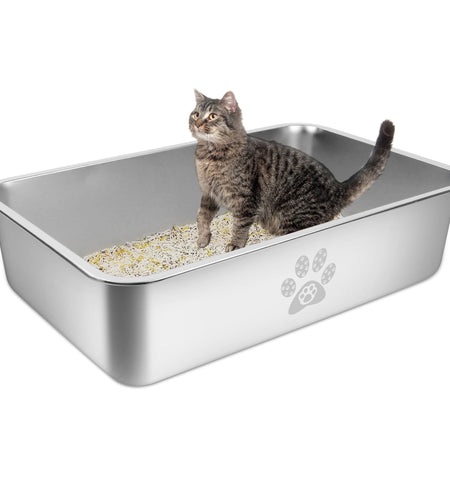 Cat Litter Box with High Sides Large Stainless Steel Cat Litter Pan 23.6" X 15.7" X 5.9"