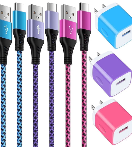 Charging Block,Type C Charger Block Fast Charging  3PCS 1A/5V Usb Wall Charger Block Adapter Plug with 3PCS Type C Charging Cables 6Ft USB C Cable High Speed Android Charger Phone Cords Type C