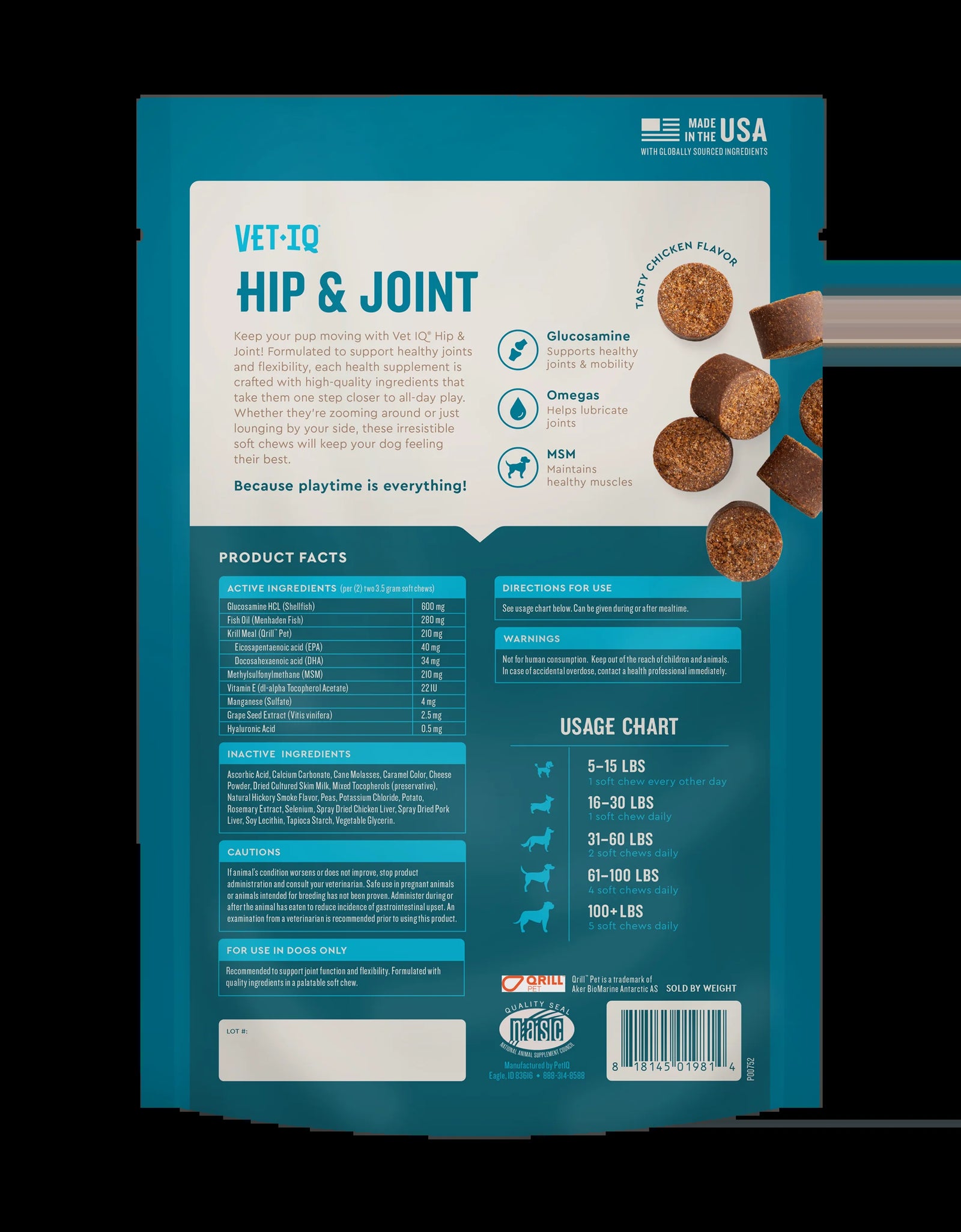 (3 Pack) Vetiq Hip & Joint Supplement for Dogs, Chicken Flavored Soft Chews, 7.4 Oz, 60 Count