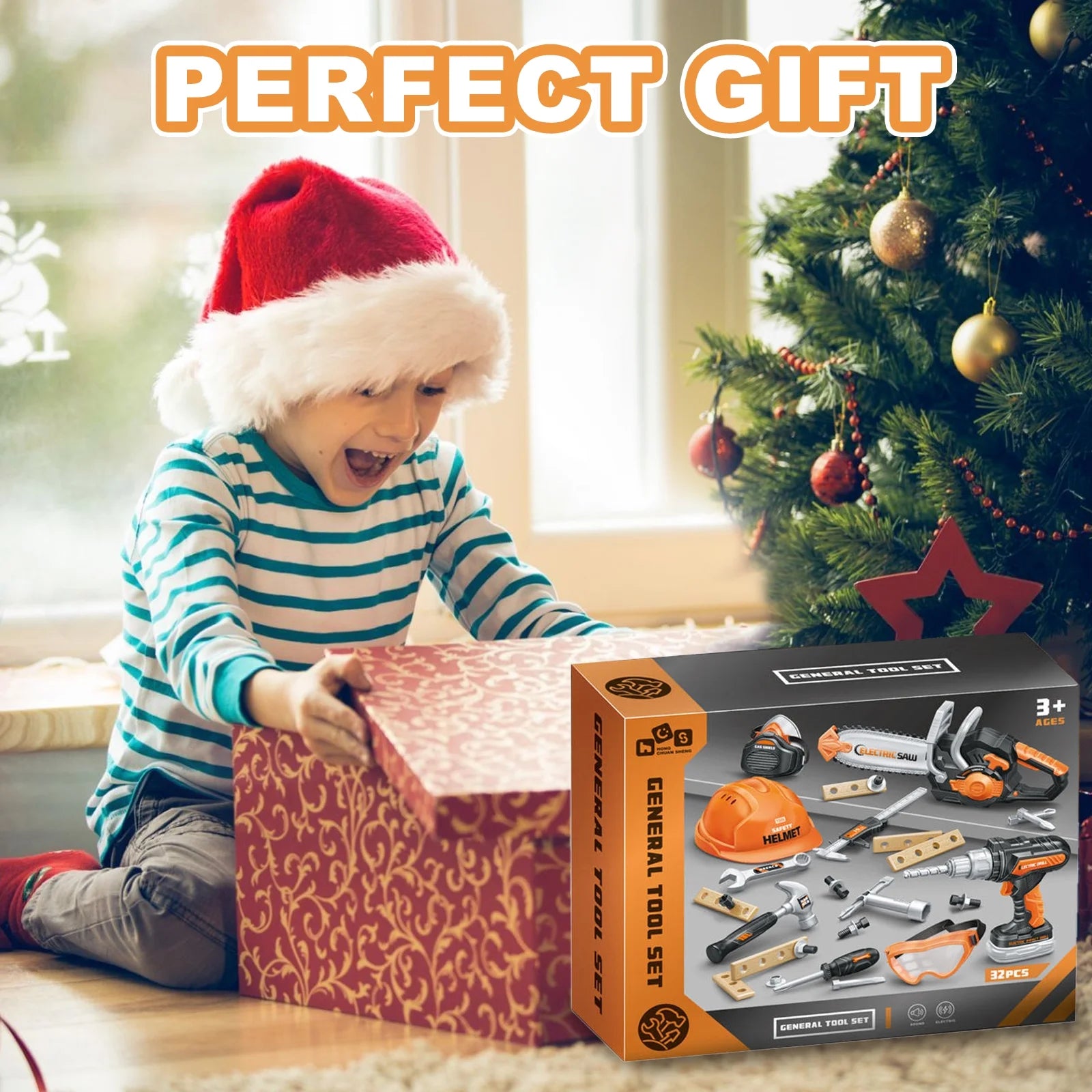 Kids Tool Set Kids Toys 32PCS Pretend Play Toddler Tool Toys with Electronic Toy Drill Set Construction Kits Toys for Christmas Birthday Kids Ages 3-8