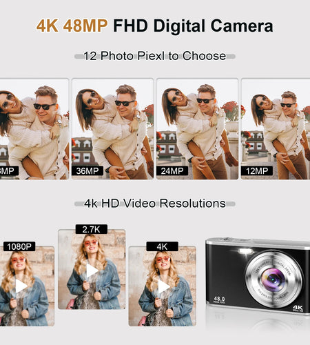 4K Digital Camera 48MP Autofocus Vlog Video Dual Cameras for Youtube with 32GB Card,Black,New