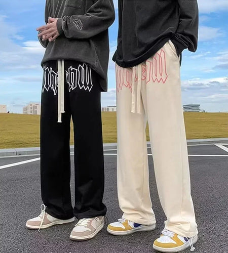 American Style Letter Print Straight Pants for Men High Street Loose Trousers Casual Joggers Hip Hop Drawstring Sweatpants