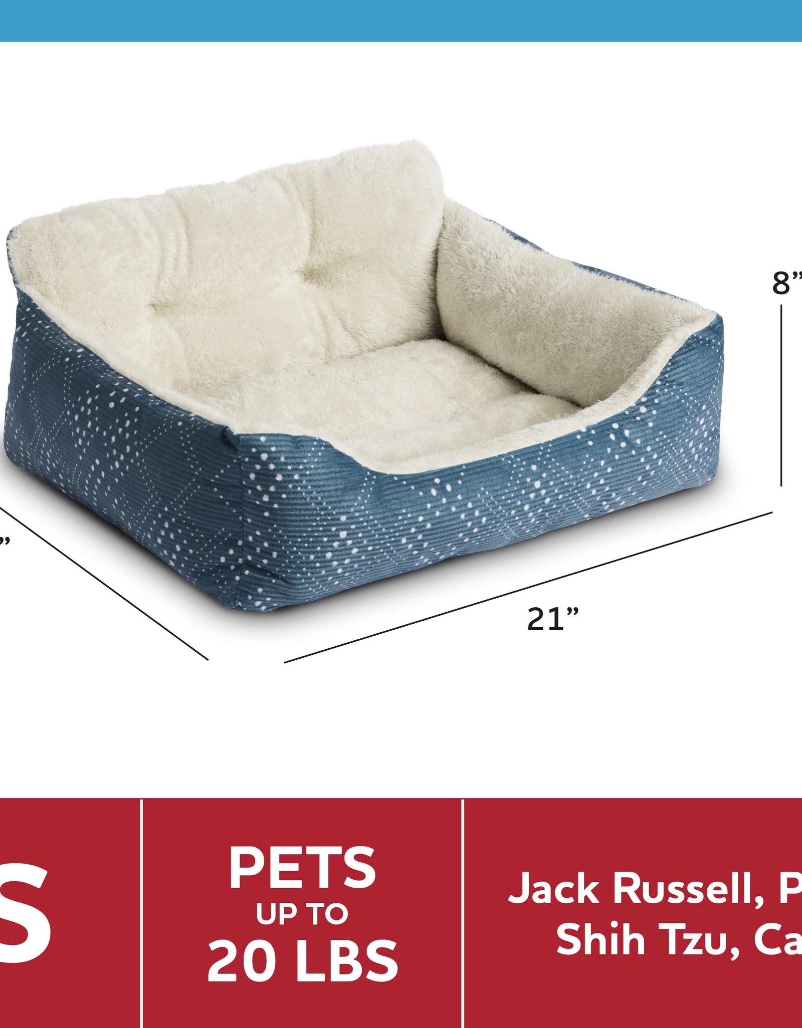 Puppy Dog Bed, Plush Bolster Dog for Small Dogs, Small, 21" X 17", Blue